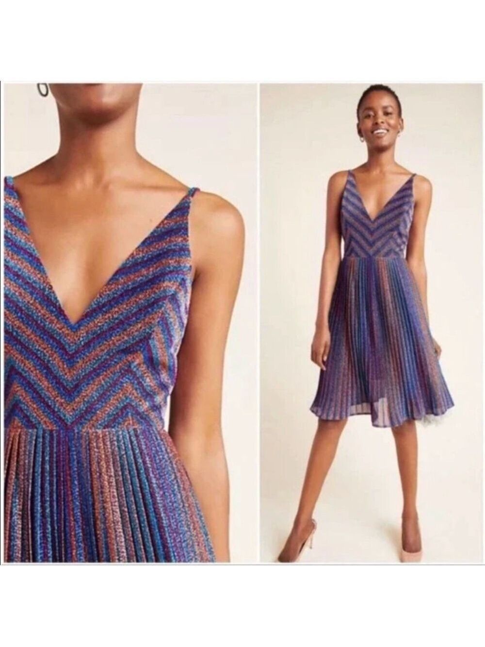 Dress the Population Haley Metallic Cobalt Pleated Chevron Dress Medium - Picture 3 of 12